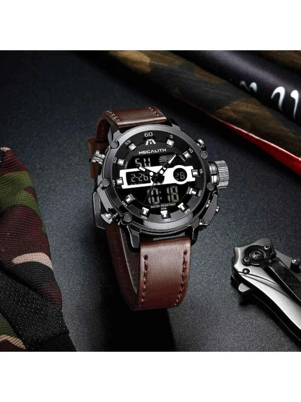 Mens Brown And Black Analog Leather Strap Waterproof Multifunction Digital Watch